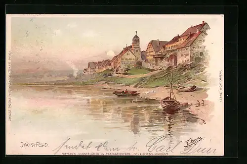 Künstler-AK Jagstfeld, Uferpartie mit Kirche und Booten