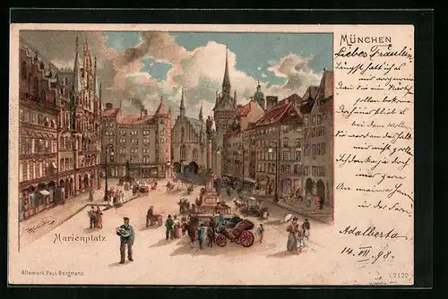 Künstler-AK Karl Heinisch: München, Marienplatz mit Denkmal