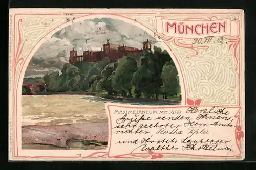 Künstler-AK München, Maximilianeum mit Isar