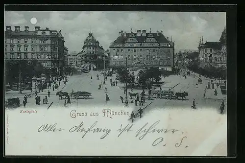 Mondschein-AK München, Karlsplatz mit Warenhaus Hermann Tietz und Pferdewägen