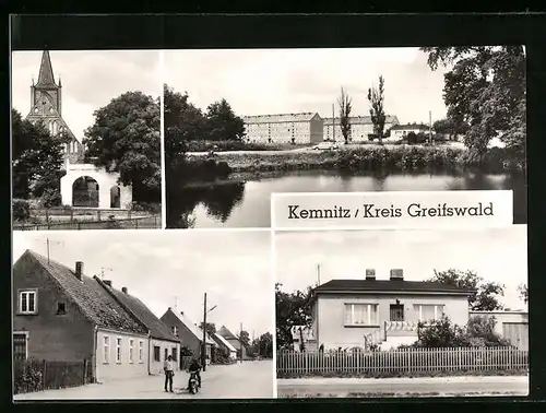 AK Kemnitz /Krs. Greifswald, Kirche, Strassenpartie, Partie am Wasser