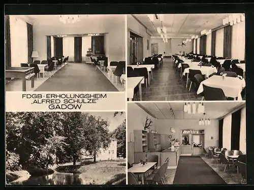 AK Lanz /Kr. Ludwigslust, FDGB-Erholungsheim Alfred Schulze in Gadow - Gebäude, Speisesaal, Thekenraum
