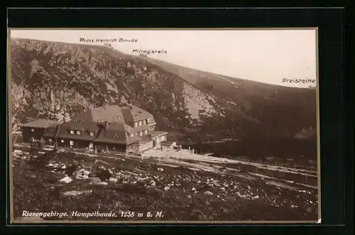 AK Hampelbaude im Riesengebirge mit Blick zur Prinz Heinrich-Baude, zum Mittagstein und Dreisteine