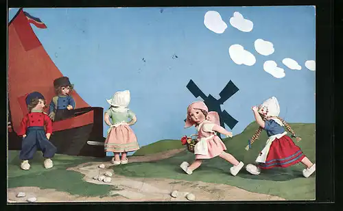 AK Holländische Puppen mit Boot und Windmühle