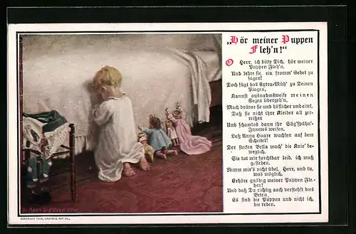 Künstler-AK Kleiner Junge knieht mit seinen Puppen am Bett und betet