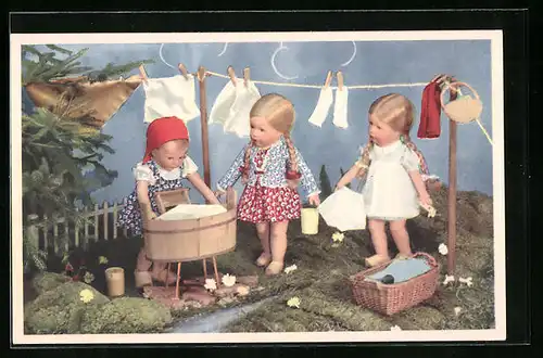 AK Käthe Kruse-Puppen bei der Wäsche