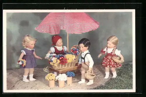 AK Käthe Kruse-Puppen als Blumenverkäufer und Käufer