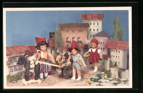 AK Käthe Kruse-Puppen mit Verkaufswagen im Ort