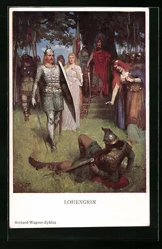 Künstler-AK Lohengrin von Richard Wagner, Lohengrin kämpft gegen einen Soldaten, Parsival