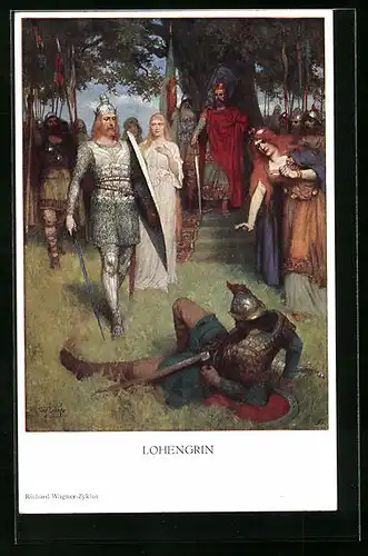 Künstler-AK Lohengrin von Richard Wagner, Lohengrin kämpft gegen einen Soldaten, Parsival