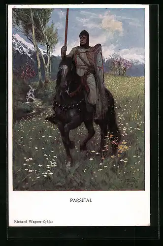 Künstler-AK Parsival zu Pferde sucht nach Aventiure