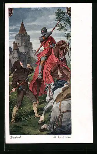 Künstler-AK Parsival im Kampf zu Pferde
