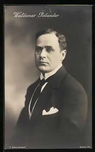 AK Schauspieler Waldemar Psilander im Anzug mit Monokel und ernsten Blick