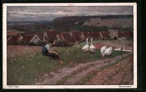 Künstler-AK Paul Hey: Gänseliesel sitzt auf einer Wiese