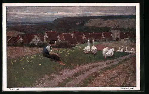Künstler-AK Paul Hey: Gänseliesel sitzt auf einer Wiese