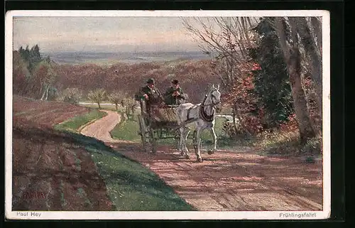 Künstler-AK Paul Hey: Zwei Herren mit Pferdegespann auf einer Frühlingsfahrt