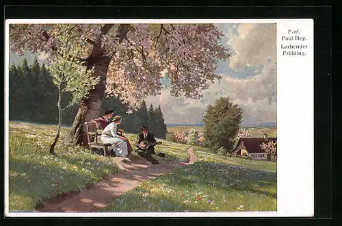 Künstler-AK Paul Hey: Lachender Frühling, Junger Mann mit Laute und zwei Frauen auf einer Blumenwiese