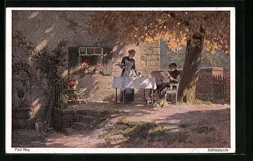 Künstler-AK Paul Hey: Kaffeestunde, Herr und Dame am Gartentisch