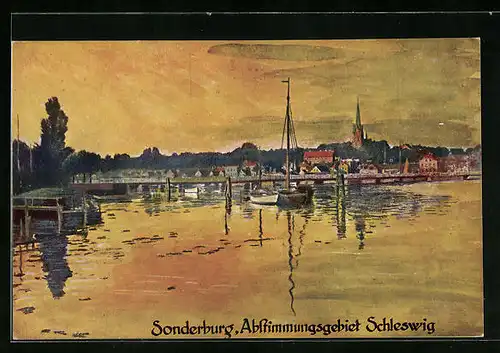 Künstler-AK Sonderburg, Schiff an der Brücke mit Ortspanorama