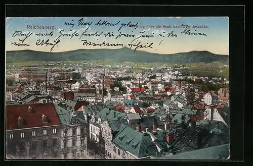 AK Reichenberg, Blick über die Stadt nach dem Jeschken