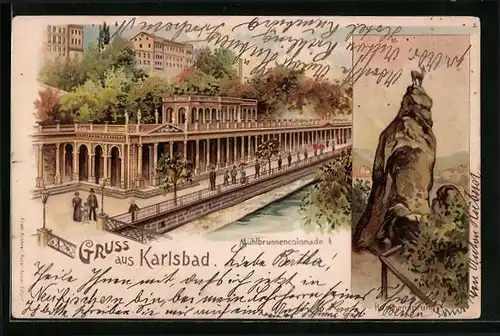 Lithographie Karlsbad, Mühlbrunnenkolonnade, Hirschensprung