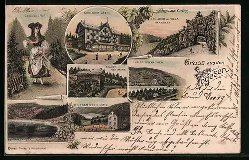 Lithographie Schlucht /Vogesen, Schlucht Hôtel, Châlet Hartmann, Weisser See u. Hôtel