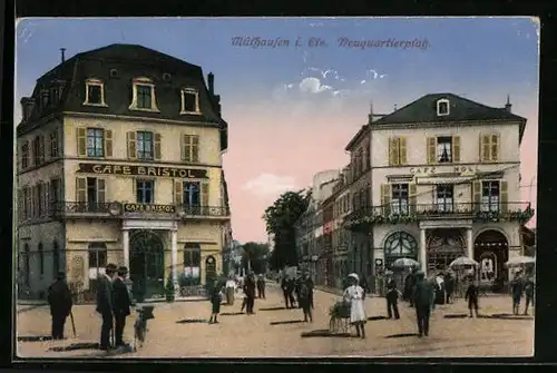 AK Mülhausen i. Els., Neuquartierplatz mit Café Bristol