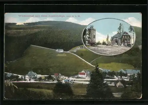 AK Wildenthal, Gesamtansicht mit Auersberge, Gasthaus Auerberghaus