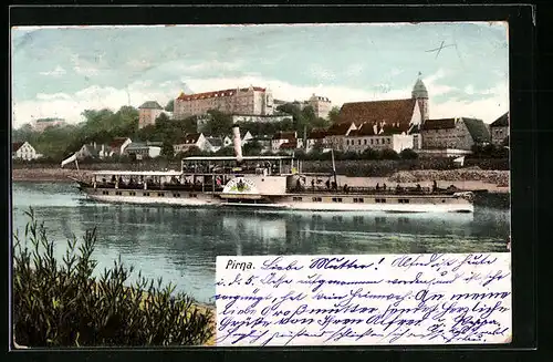 AK Pirna, Blick über die Elbe auf die Stadt, Elbdampfer