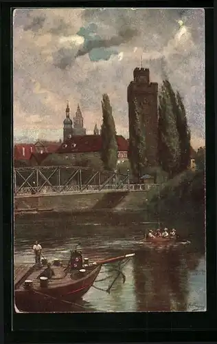 Künstler-AK Heilbronn / Neckar, Blick auf den Götzenturm