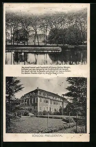 AK Freudental, Schloss, Schlosspark mit Teich