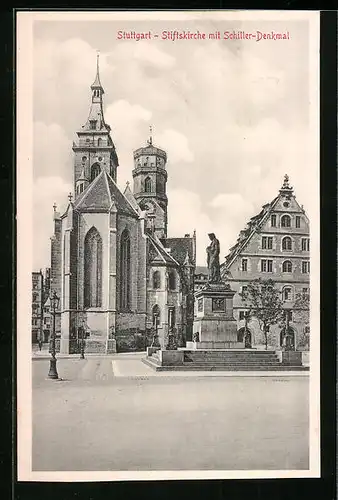 AK Stuttgart, Stiftskirche mit Schiller-Denkmal