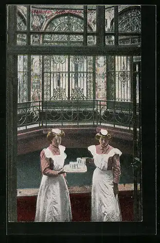 AK Wiesbaden, Kochbrunnenquelle mit Angestellten