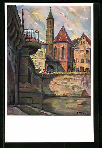 Künstler-AK Schwäbisch Hall, Henkersbrücke mit St. Johann