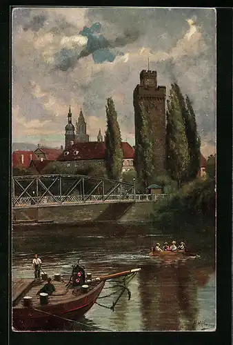 Künstler-AK Heilbronn a. N., Blick vom Neckar zum Götzenturm