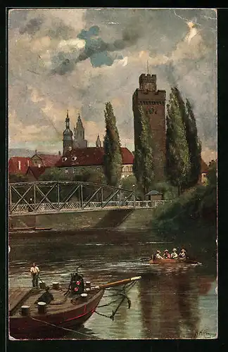 Künstler-AK Heilbronn a. N., Blick vom Neckar zum Götzenturm