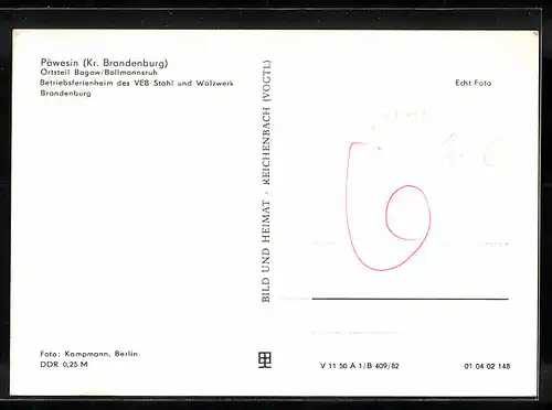 AK Päwesin OT Bagow-Bollmannsruh /Kr. Brandenburg, Betriebsferienheim des VEB Stahl und Walzwerk Brandenburg