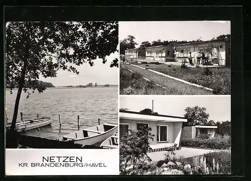 AK Netzen /Kr. Brandenburg /Havel, Gebäudeansicht, Uferpartie mit Booten, Ortspartie