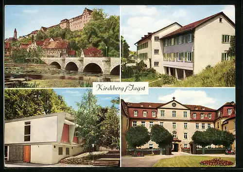 AK Kirchberg /Jagst, Uferpartie mit Brücke, Gebäudeansicht, Ortspartie