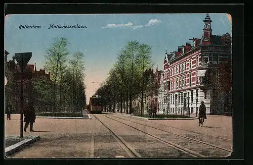 AK Rotterdam, Mathenesserlaan, Strassenpartie mit Strassenbahn