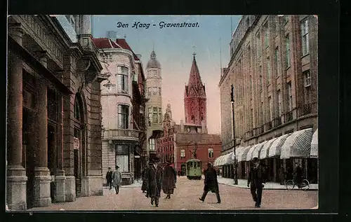 AK Den Haag, Gravenstraat, Strassenpartie mit Strassenbahn