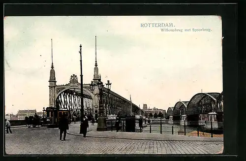 AK Rotterdam, Willemsbrug met Spoorbrug, Strassenbahn