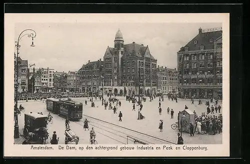 AK Amsterdam, De Dam op den achtergrond gebouw Industria en Peek en Cloppenburg, Strassenbahn