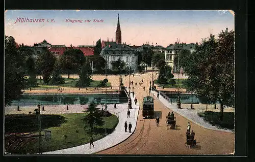 AK Mülhausen i. E., Eingang zur Stadt mit Strassenbahn
