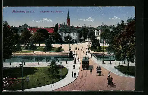 AK Mülhausen i. E., Eingang zur Stadt mit Strassenbahn