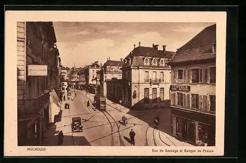 AK Mulhouse, Rue du Sauvage et Banque de France, Strassenbahn