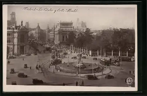 AK Madrid, La Cibeles y Calle Alcalá, Strassenpartie mit Strassenbahn