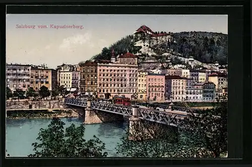 AK Salzburg, Brücke mit Strassenbahn vom Kapuzinerberg