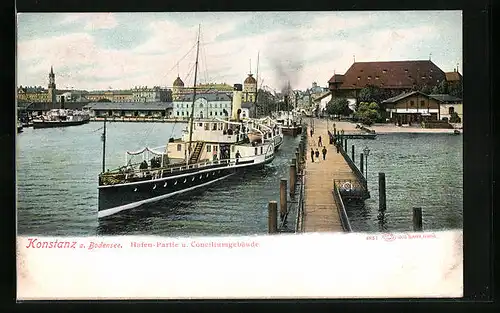 AK Konstanz / Bodensee, Hafenpartie mit Conciliumgebäude