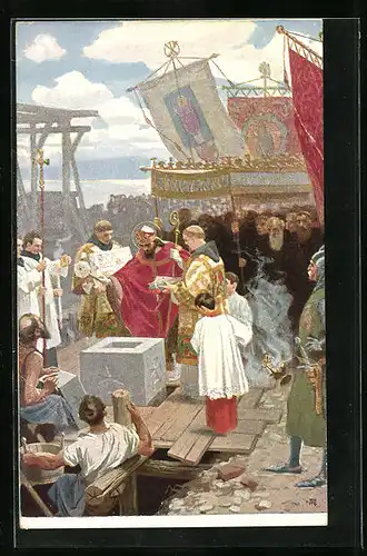 Künstler-AK Konstanz, Grundsteinlegung des Klosters Petershausen